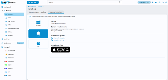 247connect Web Portal showing the Installers page. The Control installers tab is selected, displaying options for Windows, macOS and iOS. The macOS installer is highlighted, showing version information, system requirements, links to guides and a button to download from the App Store.